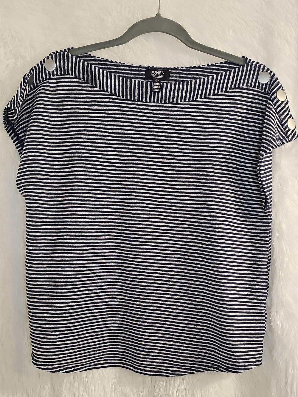 Jones New York Navy & White Striped Button-Shoulder Tee